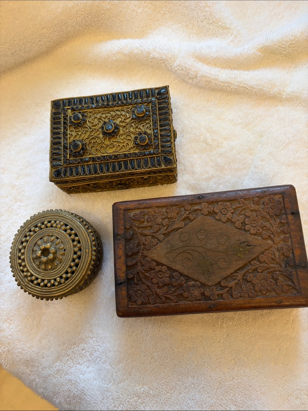 Vintage Set of Three Decorative Trinket Boxes - Brass & Carved Wood